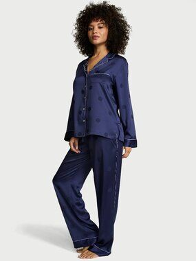Victoria's Secret Small (long) Satin Long Pajama Set in Navy Polka Dot NWT